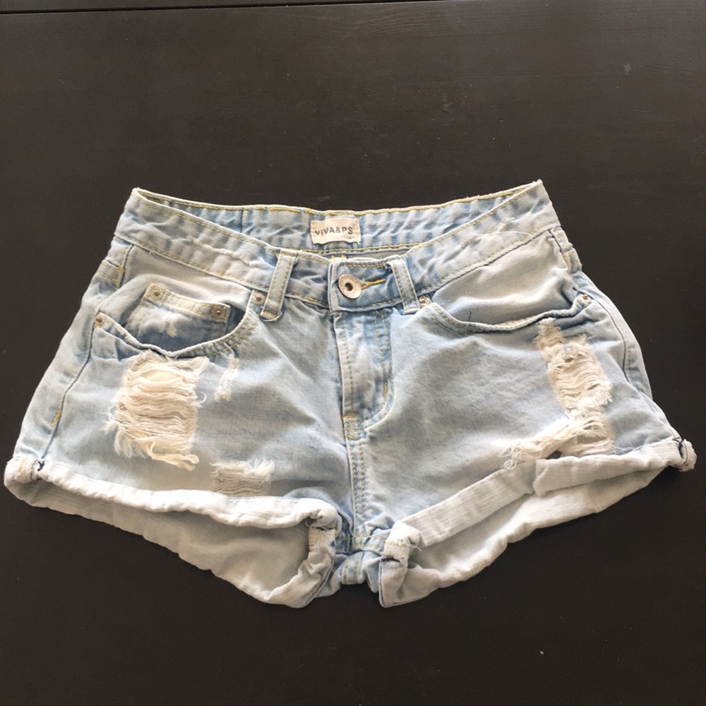 Light blue distressed jean shorts
